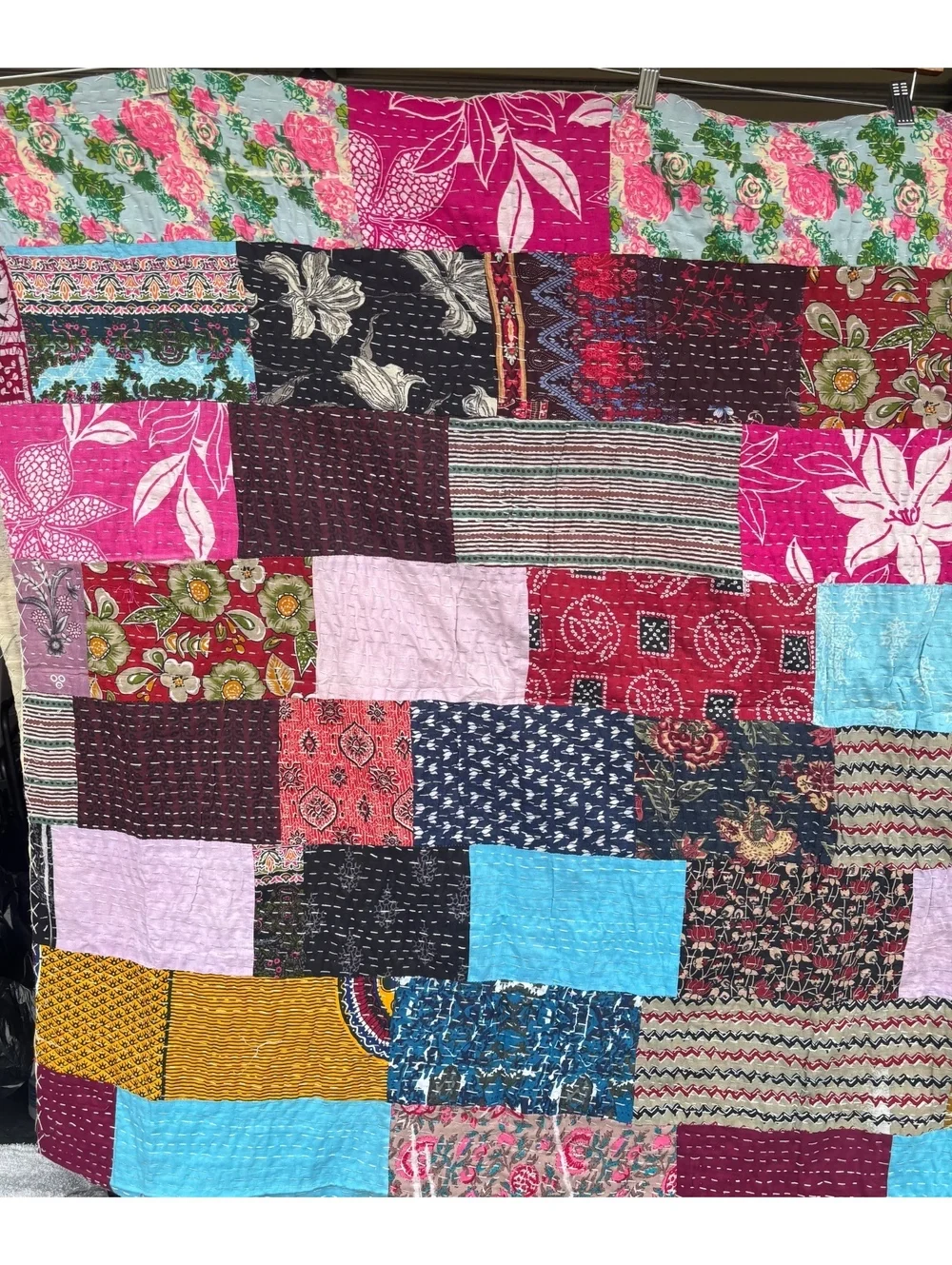 Handmade Indian Patchwork Kantha Quilt 106x90 King Bedspread